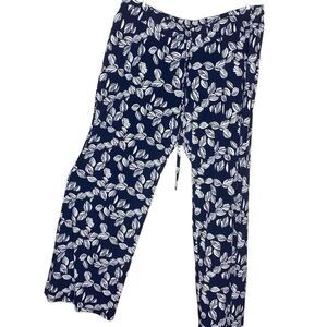 Magnolia Grace Wm’s Sz XL Navy Blue White Leaf Design Flowy Wide Leg Pants
